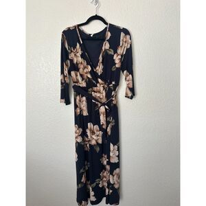 Pink Blush Pink and Navy Floral Belted Maternity Maxi Dress Size M/L